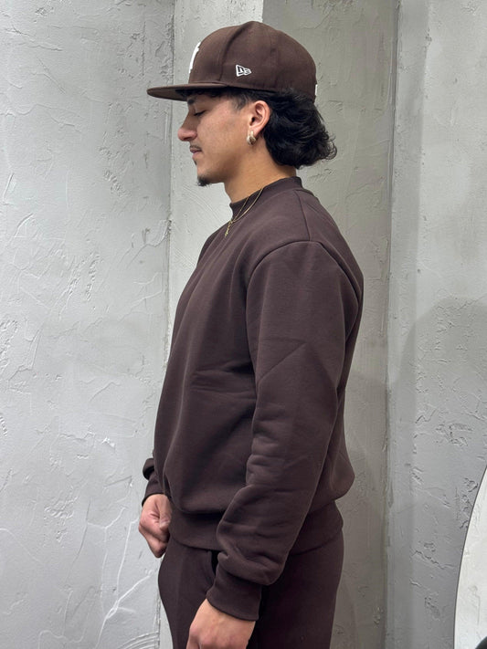 BOXY FIT CREW NECK HOODIE MOKKA