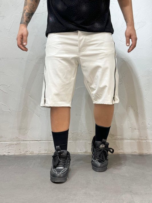 WHITE ECO-LEATHER FULL ZIP BERMUDA SHORTS