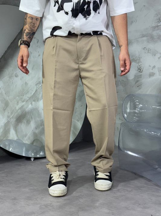 BEIGE WIDE BOTTOM TROUSERS WITH ZIP