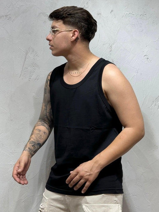 BLACK RIBBED CREW NECK TANK TOP