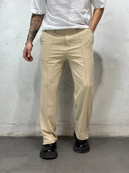 BEIGE WIDE BOTTOM TROUSERS WITH ZIP