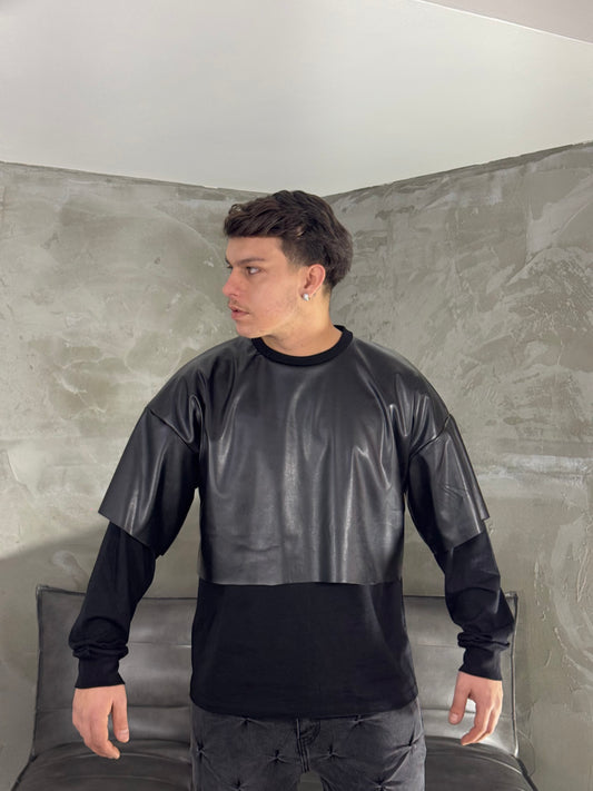 DOUBLE-LAYERED ECO-LEATHER HOODIE