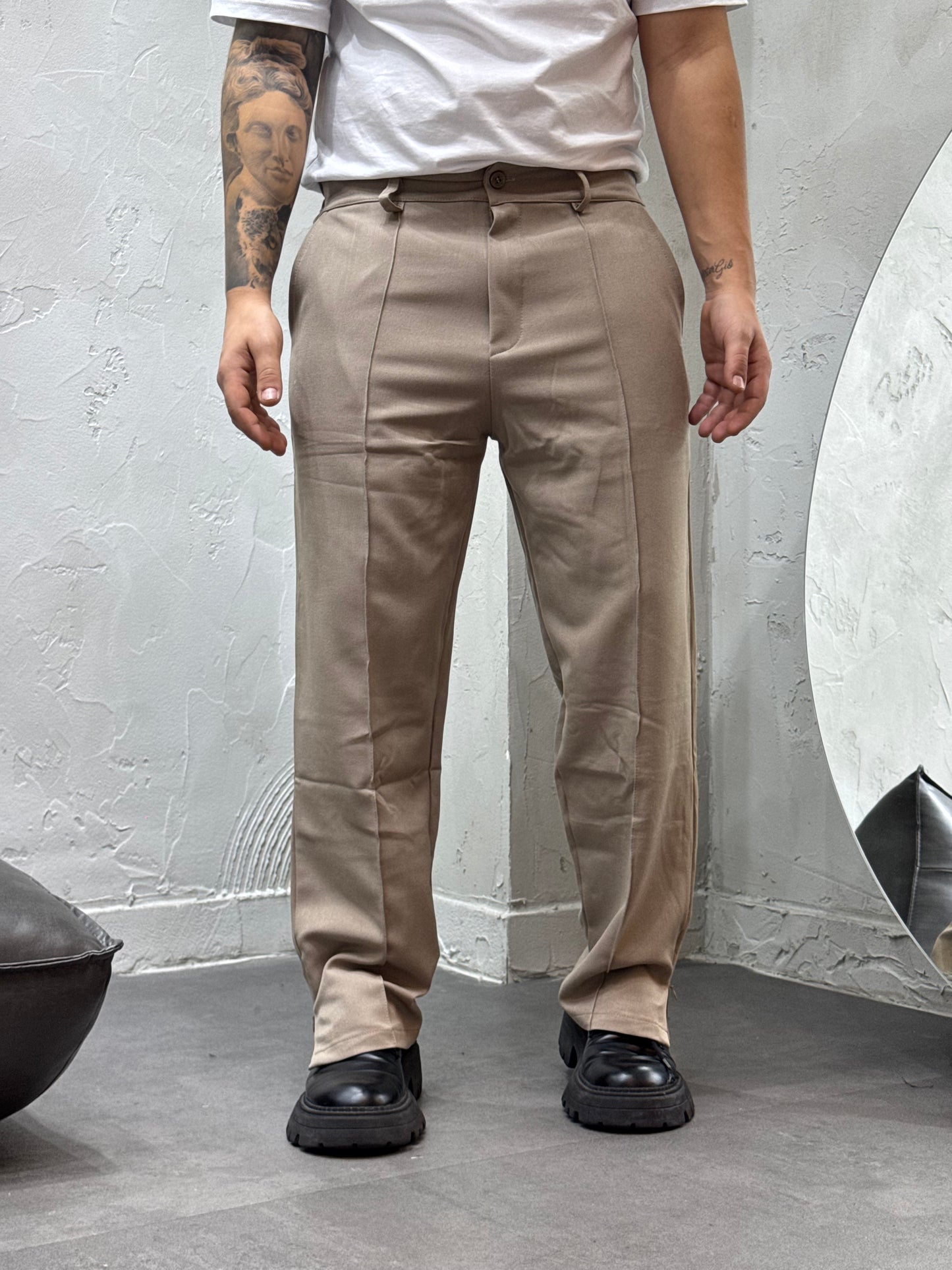 PANTALONE FONDO AMPIO CON ZIP BEIGE