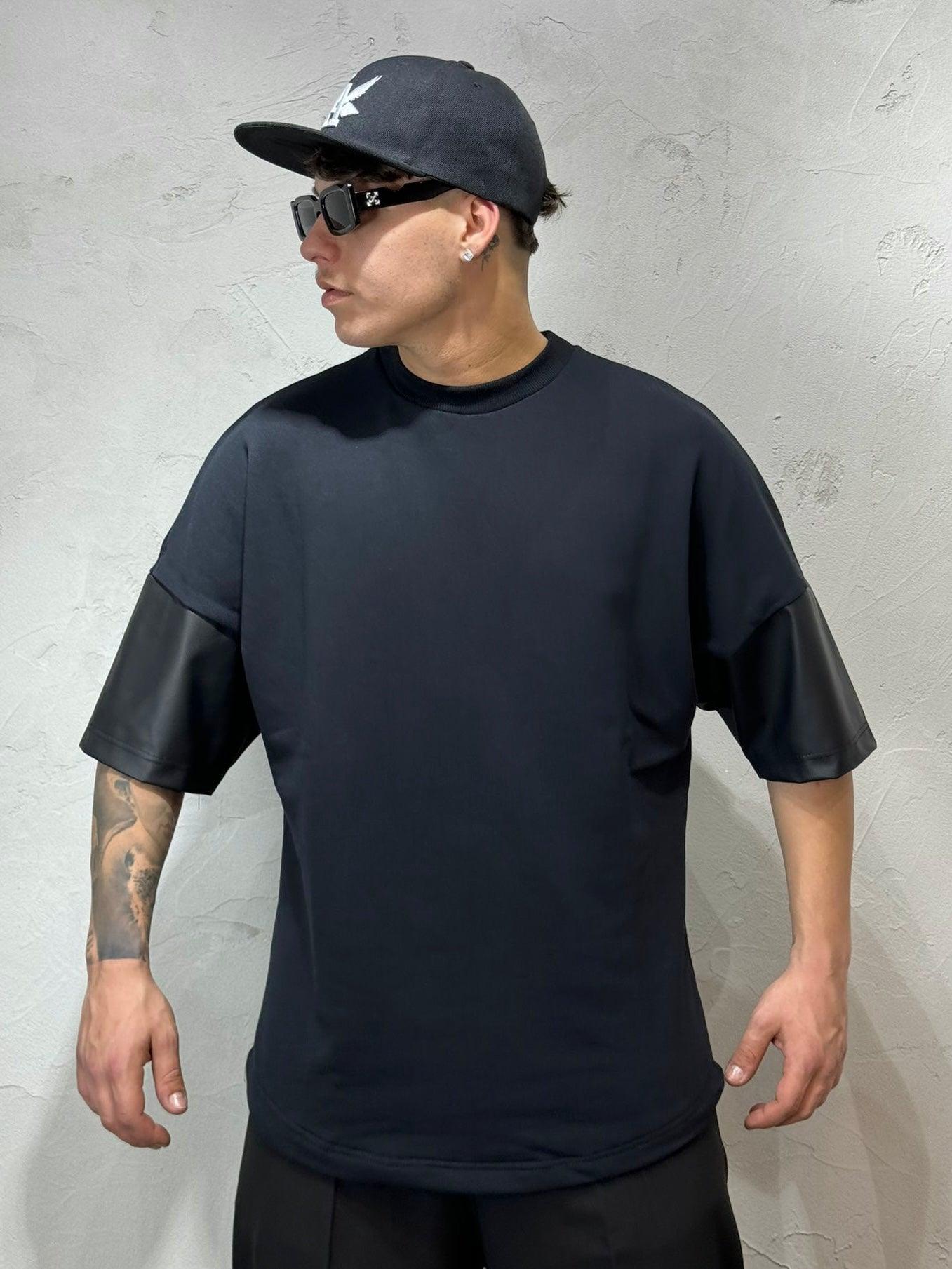 FAUX LEATHER SLEEVE BLACK T-SHIRT