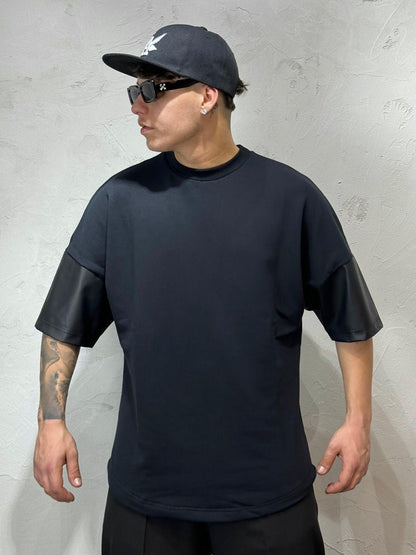 FAUX LEATHER SLEEVE BLACK T-SHIRT