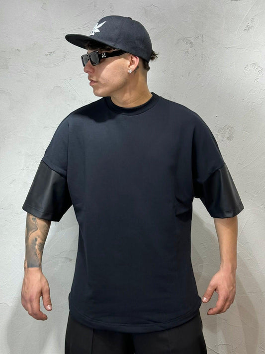 FAUX LEATHER SLEEVE BLACK T-SHIRT