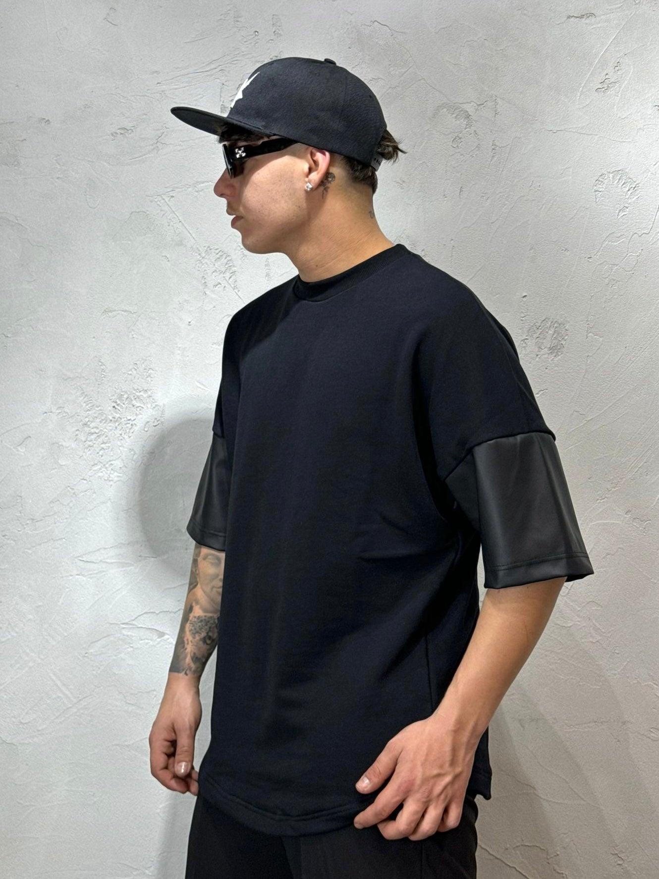 FAUX LEATHER SLEEVE BLACK T-SHIRT