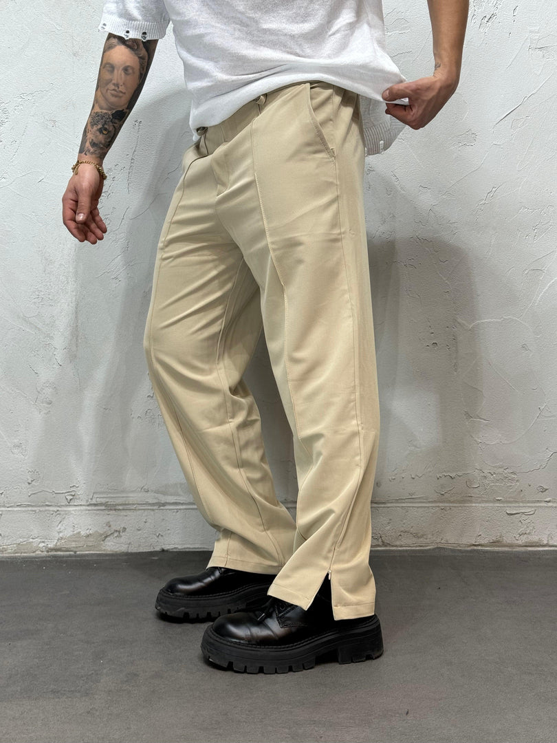 PANTALONE FONDO AMPIO CON ZIP BEIGE