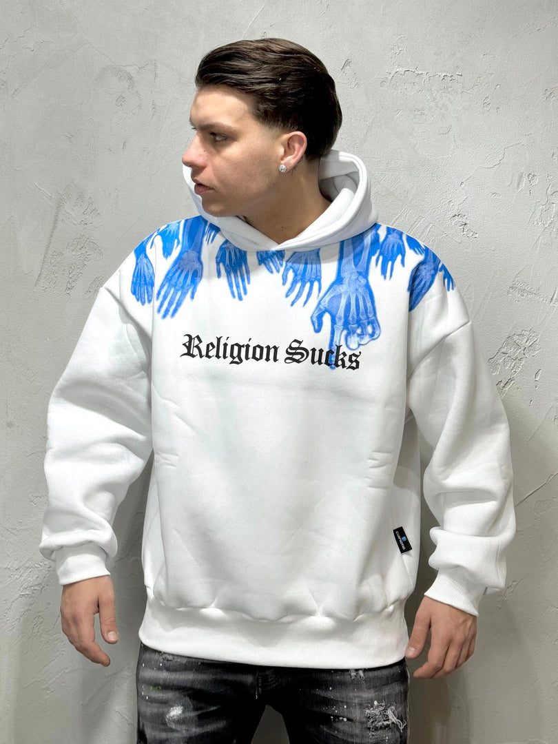 FELPA CON CAPPUCCIO BOXY FIT RELIGION SUX BIANCO