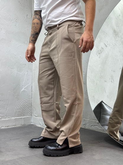 BEIGE WIDE BOTTOM TROUSERS WITH ZIP