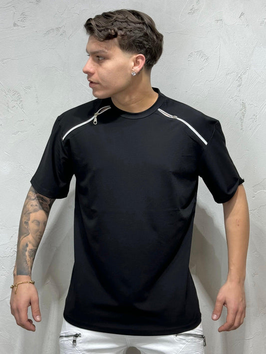 DOUBLE ZIP T-SHIRT ON SHOULDERS BLACK