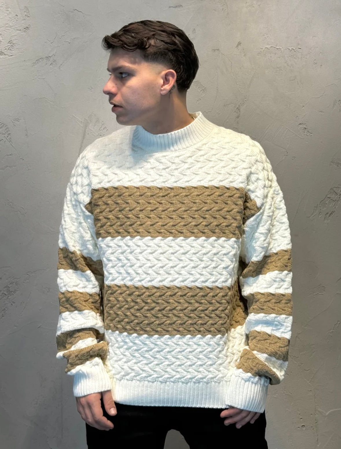 3D BICOLOR WHITE/TOBACCO SWEATER