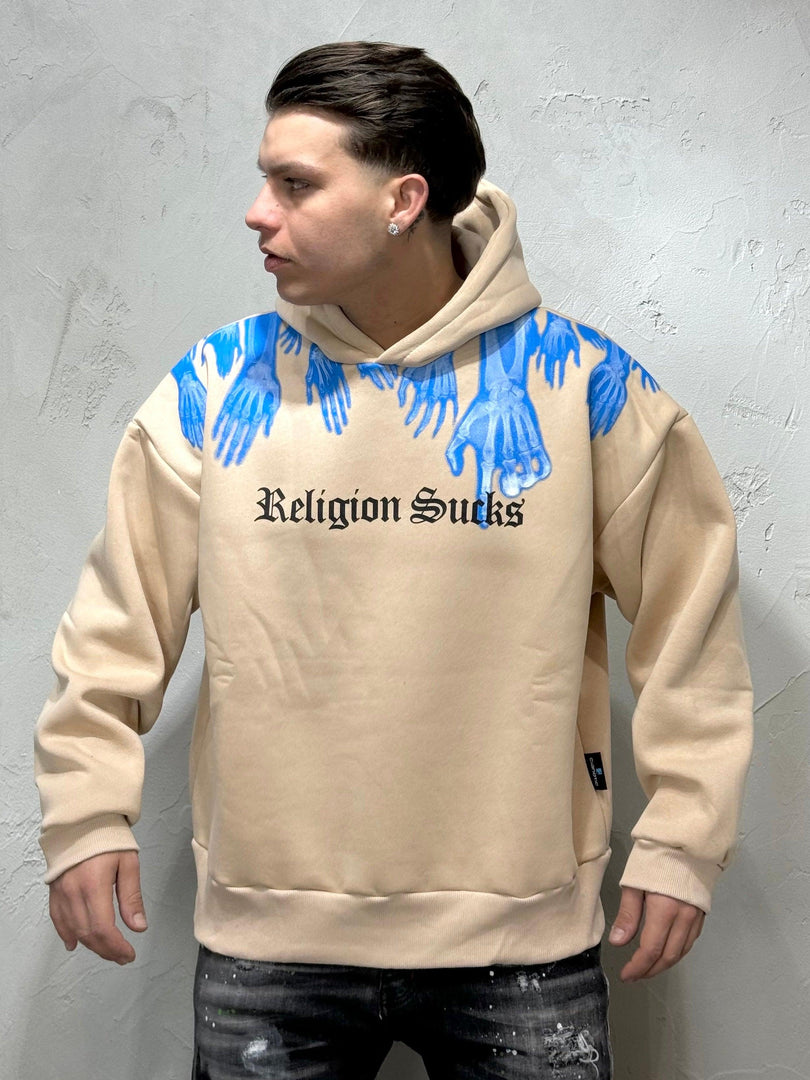 FELPA CON CAPPUCCIO BOXY FIT RELIGION SUX BEIGE