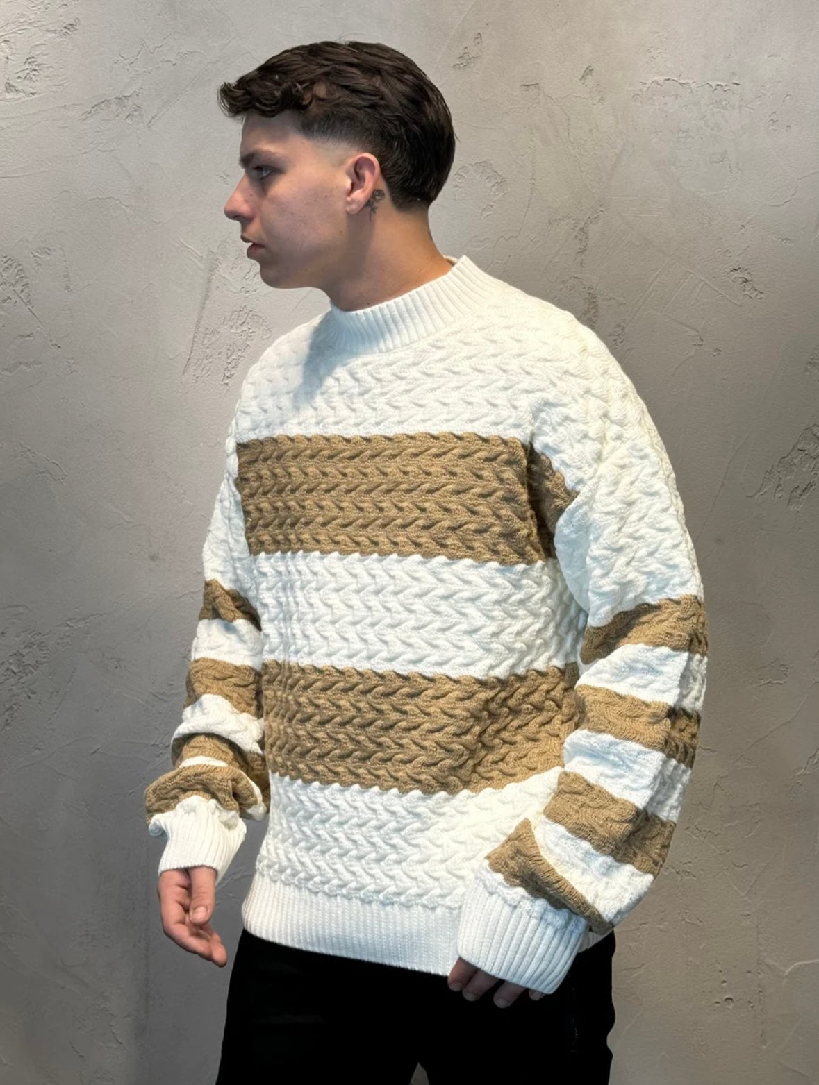 MAGLIONE 3D BICOLOR WHITE/TABACCO