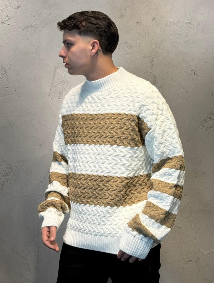 MAGLIONE 3D BICOLORE BIANCO/TABACCO